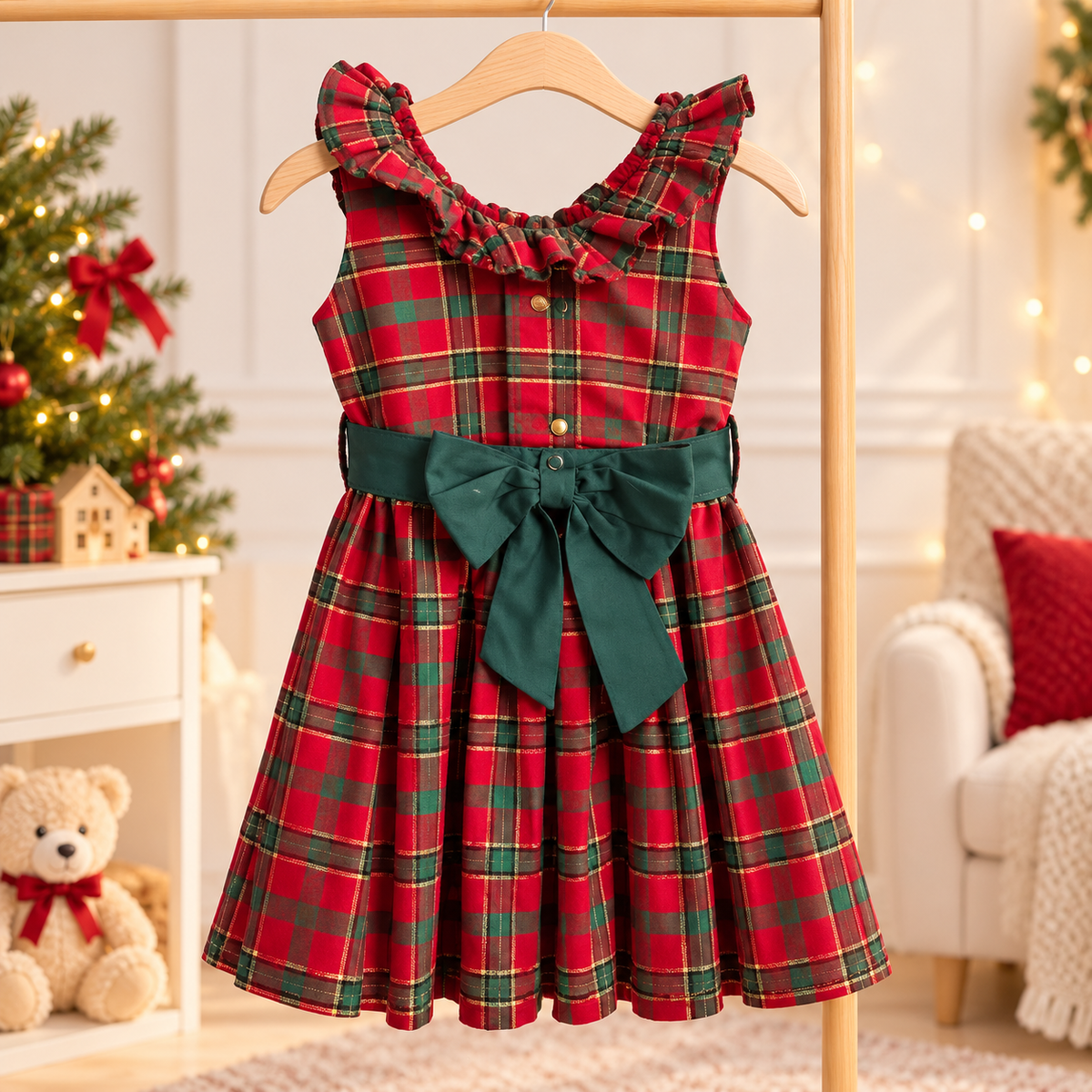 Vestido Infantil de Natal Xadrez Vermelho e Verde com Laço