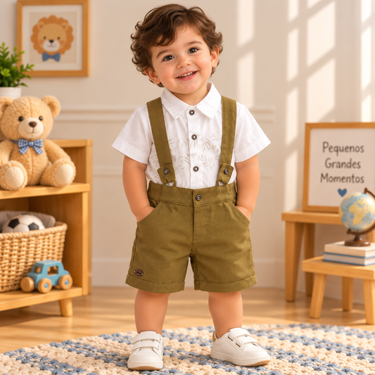 Conjunto Infantil Masculino Camisa Estampada e Bermuda Verde Oliva com Suspensórios