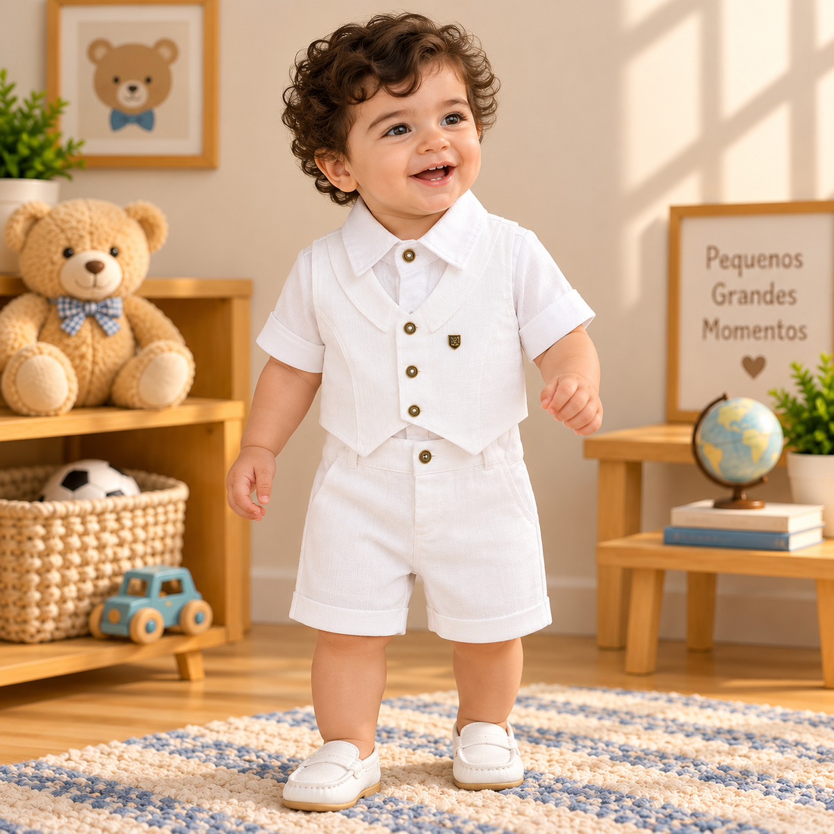 Conjunto Infantil Masculino Branco com Colete e Bermuda – 3 Peças