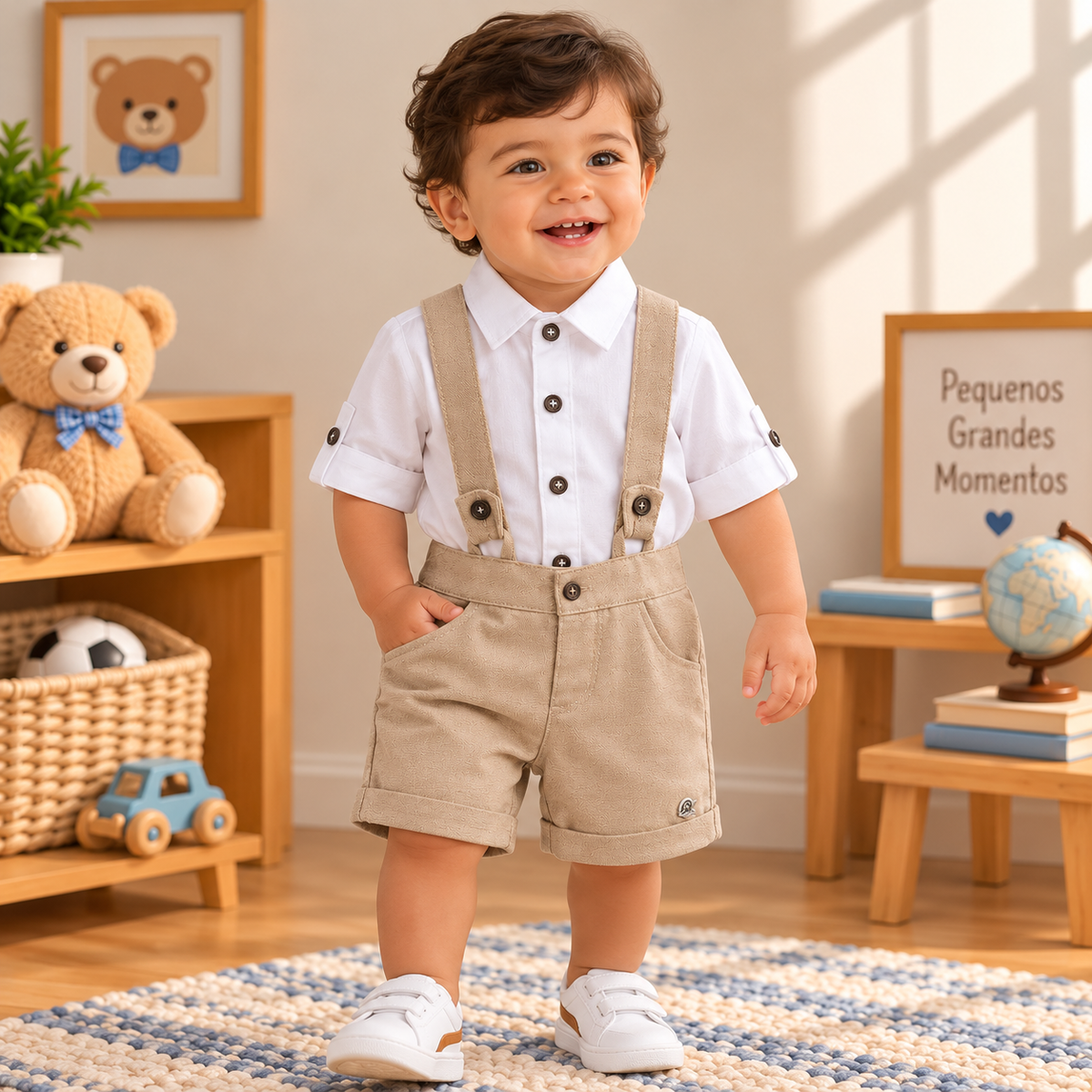 Conjunto Infantil Masculino Camisa Branca Manga Longa e Bermuda Bege com Suspensório