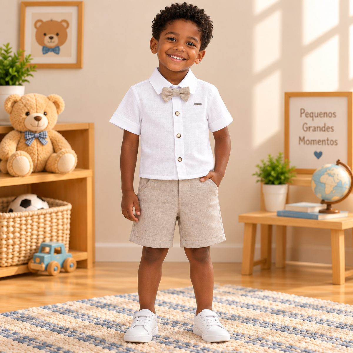 Conjunto Infantil Masculino Camisa Branca com Gravata Borboleta e Bermuda Bege