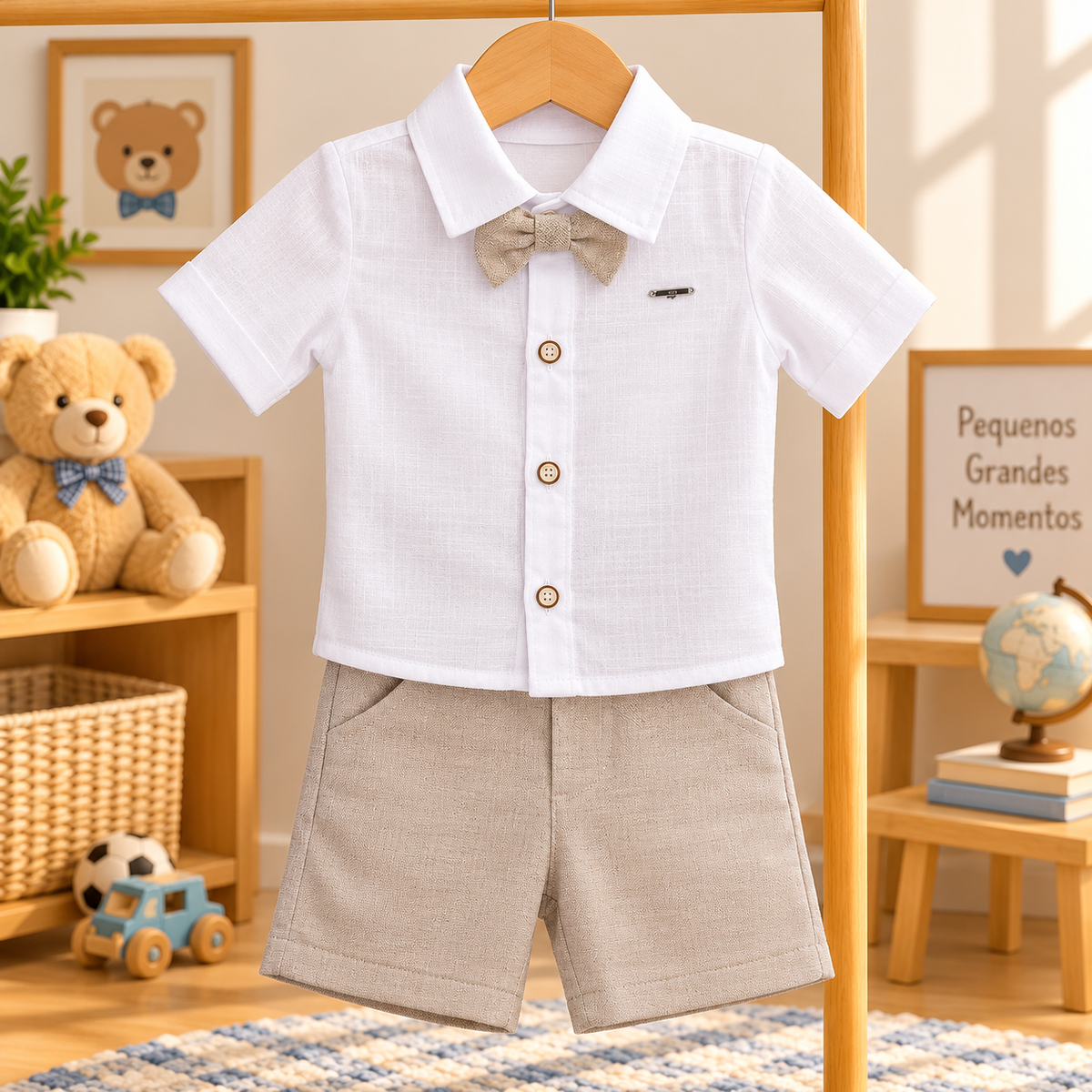 Conjunto Infantil Masculino Camisa Branca com Gravata Borboleta e Bermuda Bege