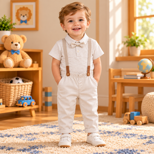 Conjunto Bebê Menino Polo com Calça e Suspensório Bege