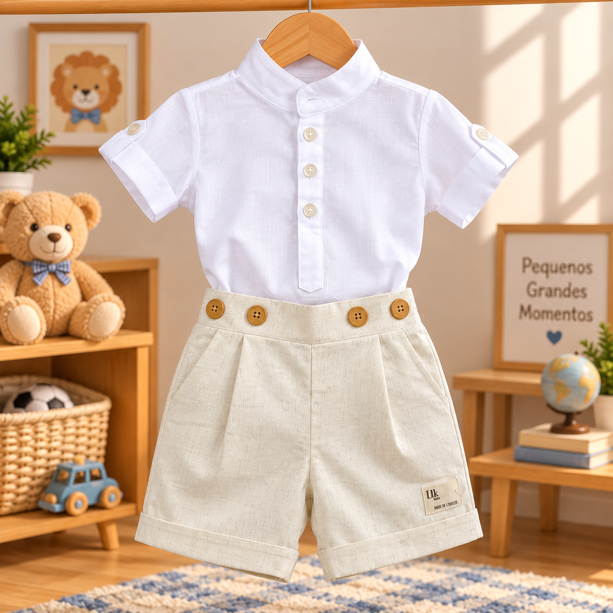 Conjunto Infantil Masculino Camisa Gola Padre e Bermuda Bege com Botões