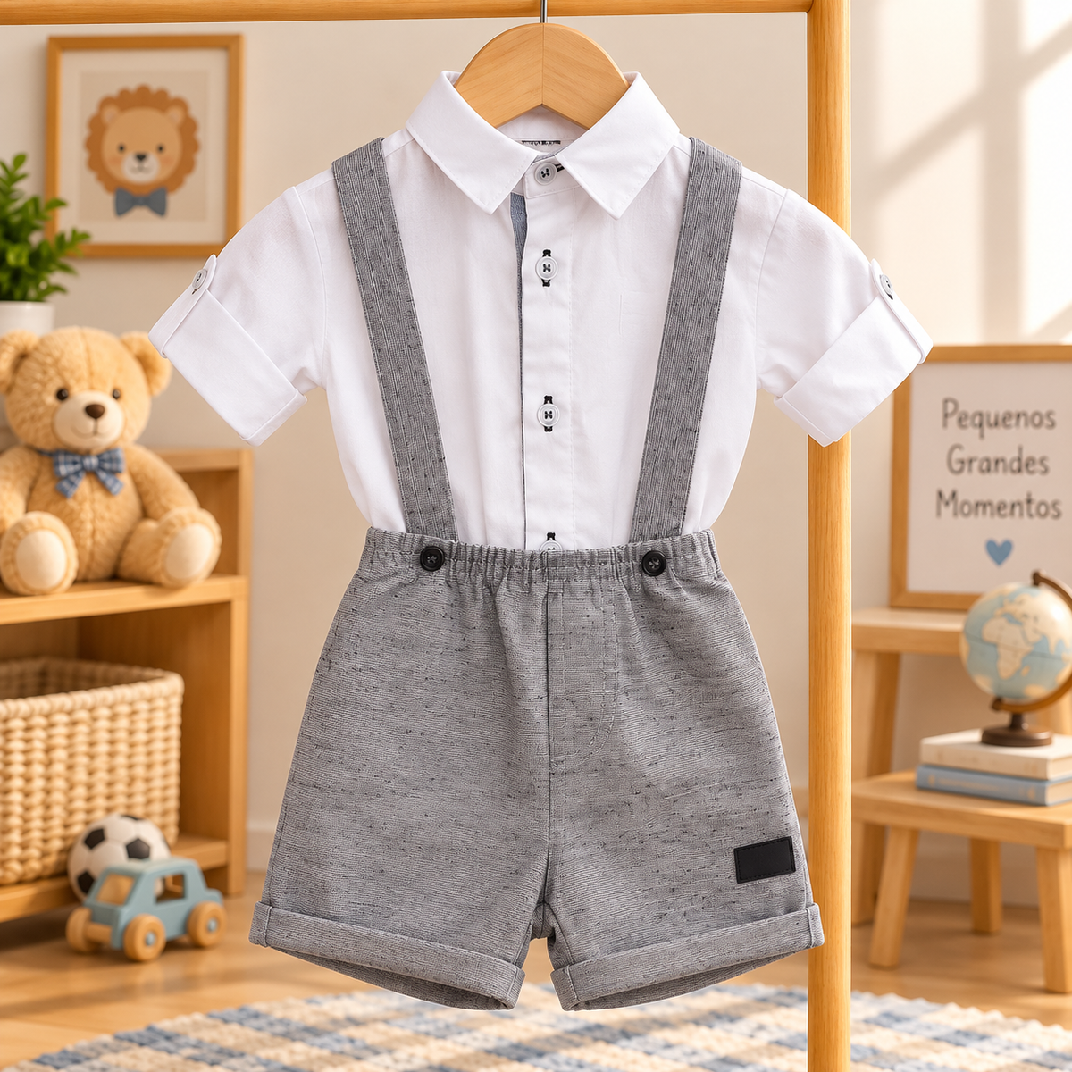 Conjunto Infantil Masculino com Camisa Branca e Bermuda Cinza com Suspensórios