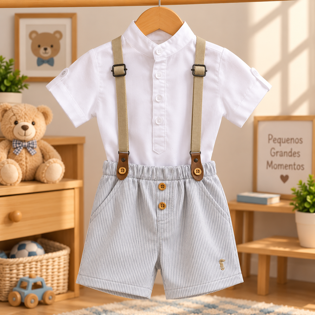 Conjunto Infantil Masculino Camisa Branca e Bermuda Listrada com Suspensórios