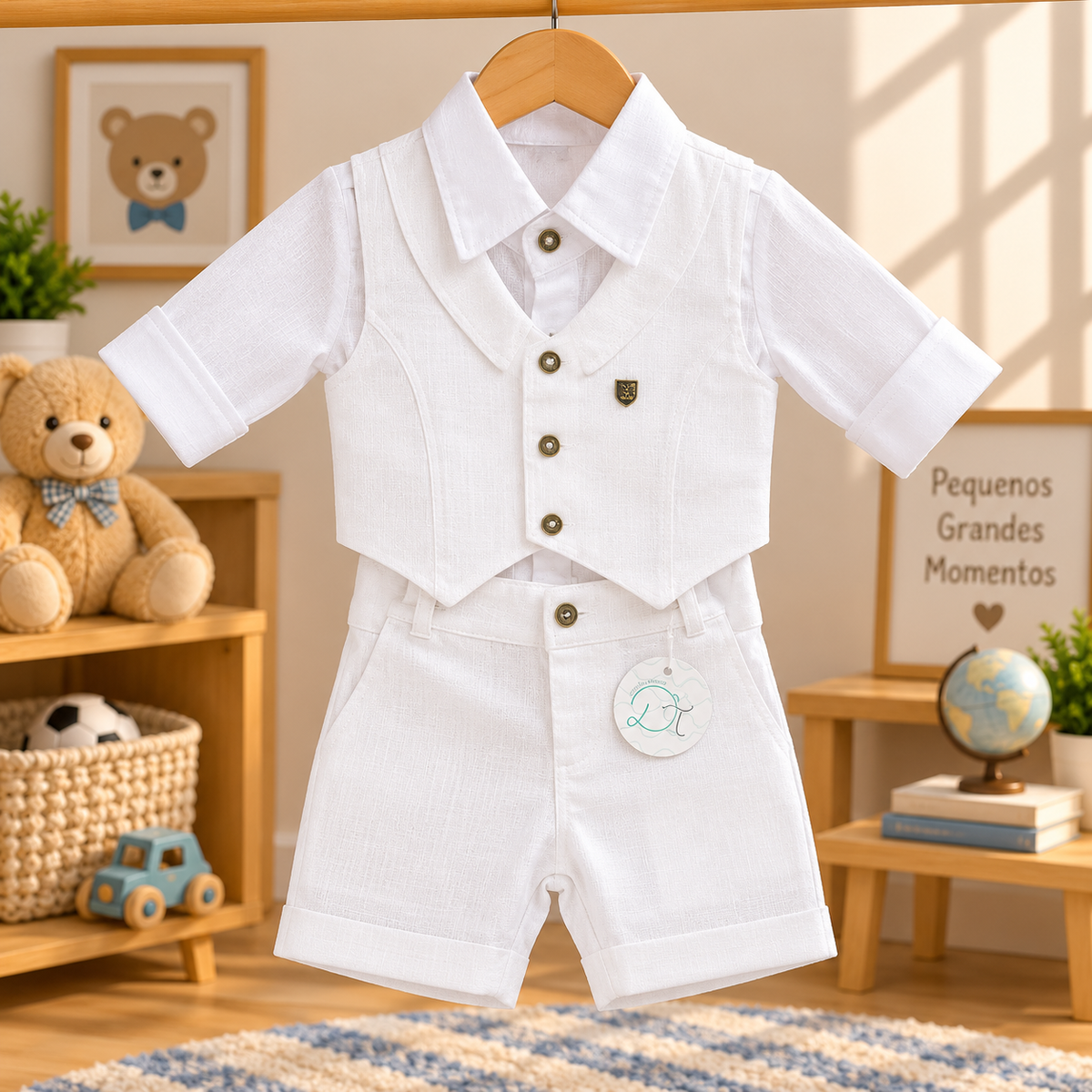 Conjunto Infantil Masculino Branco com Colete e Bermuda – 3 Peças