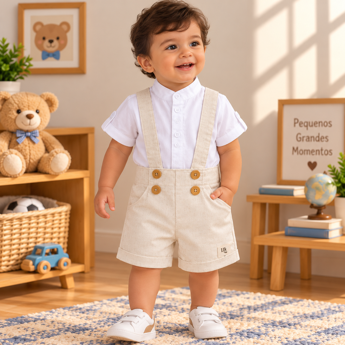 Conjunto Infantil Masculino Camisa Gola Padre e Bermuda Cru com Suspensório