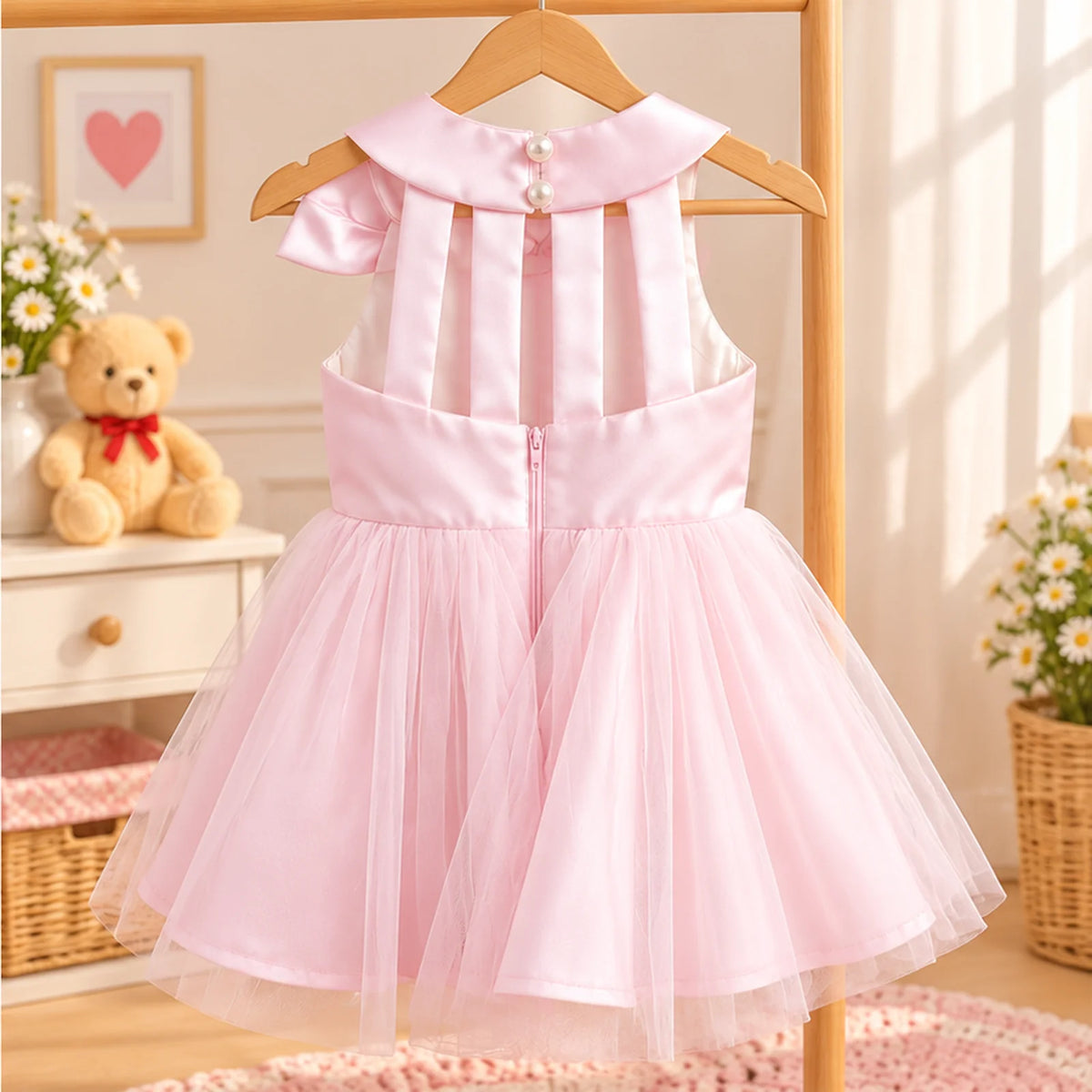 Vestido de Festa Infantil Rosa-Claro com Laço e Saia de Tule