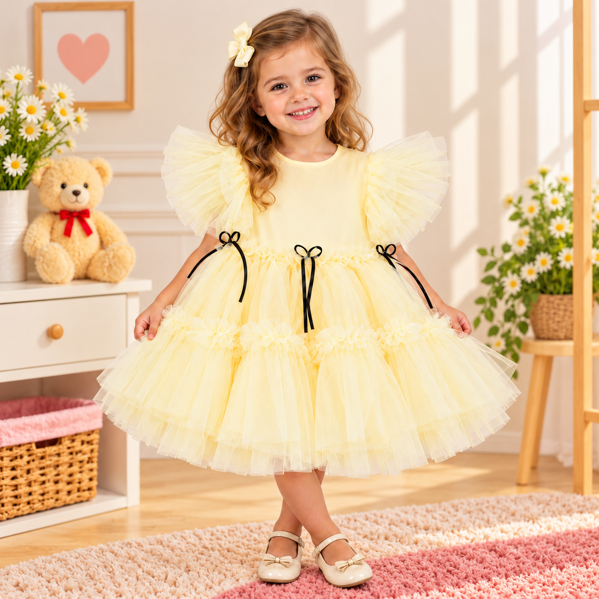 Vestido de festa infatil em tule amarelo com laços pretos
