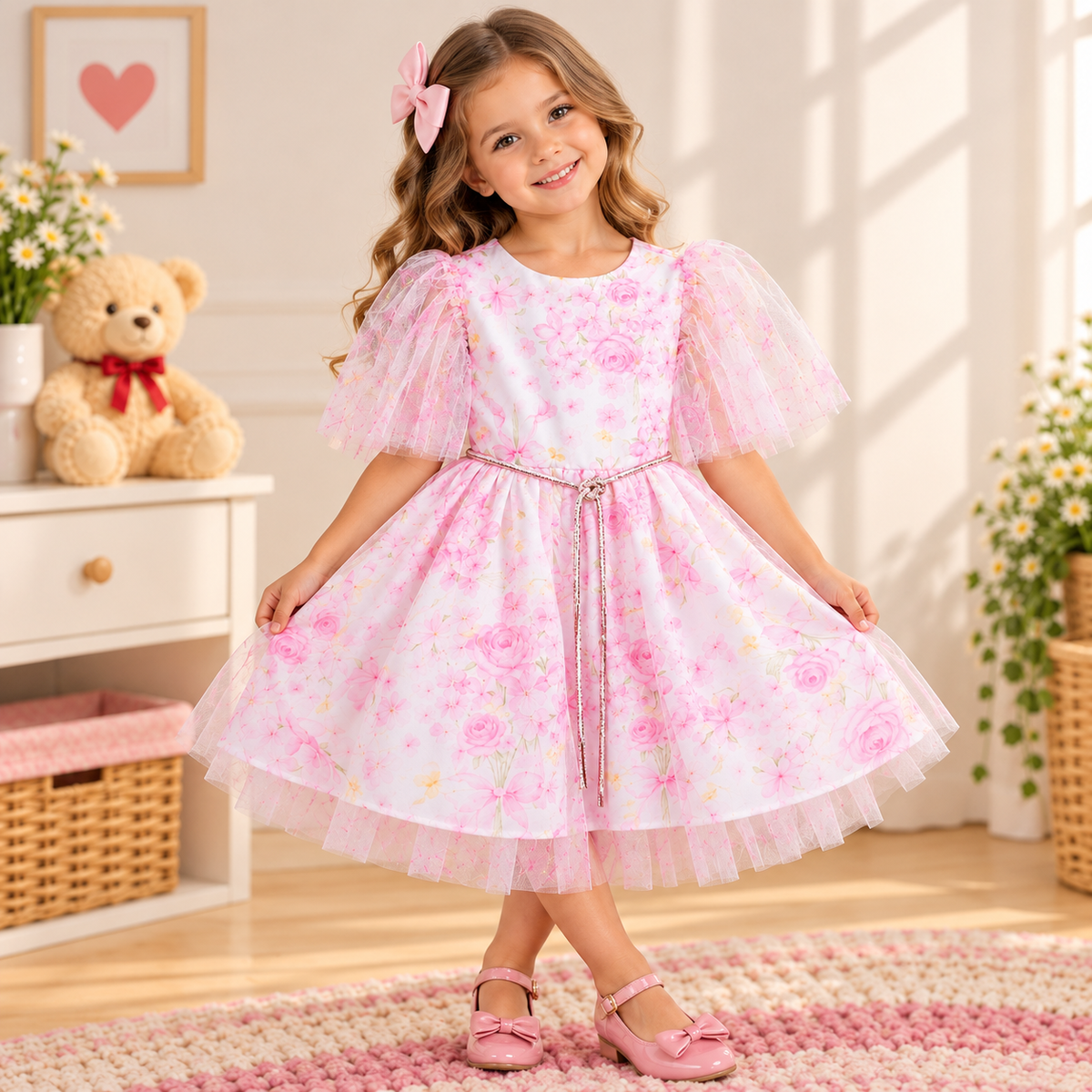 Vestido de Festa Infantil Floral Rosa com Mangas de Tule
