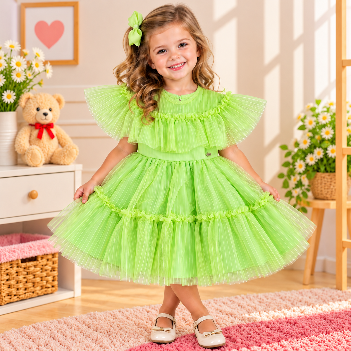 Vestido de Festa Infantil Verde-Lima em Tule Plissado