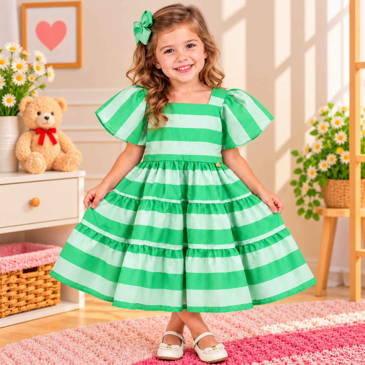 Vestido Infantil Listrado Verde com Mangas Amplas