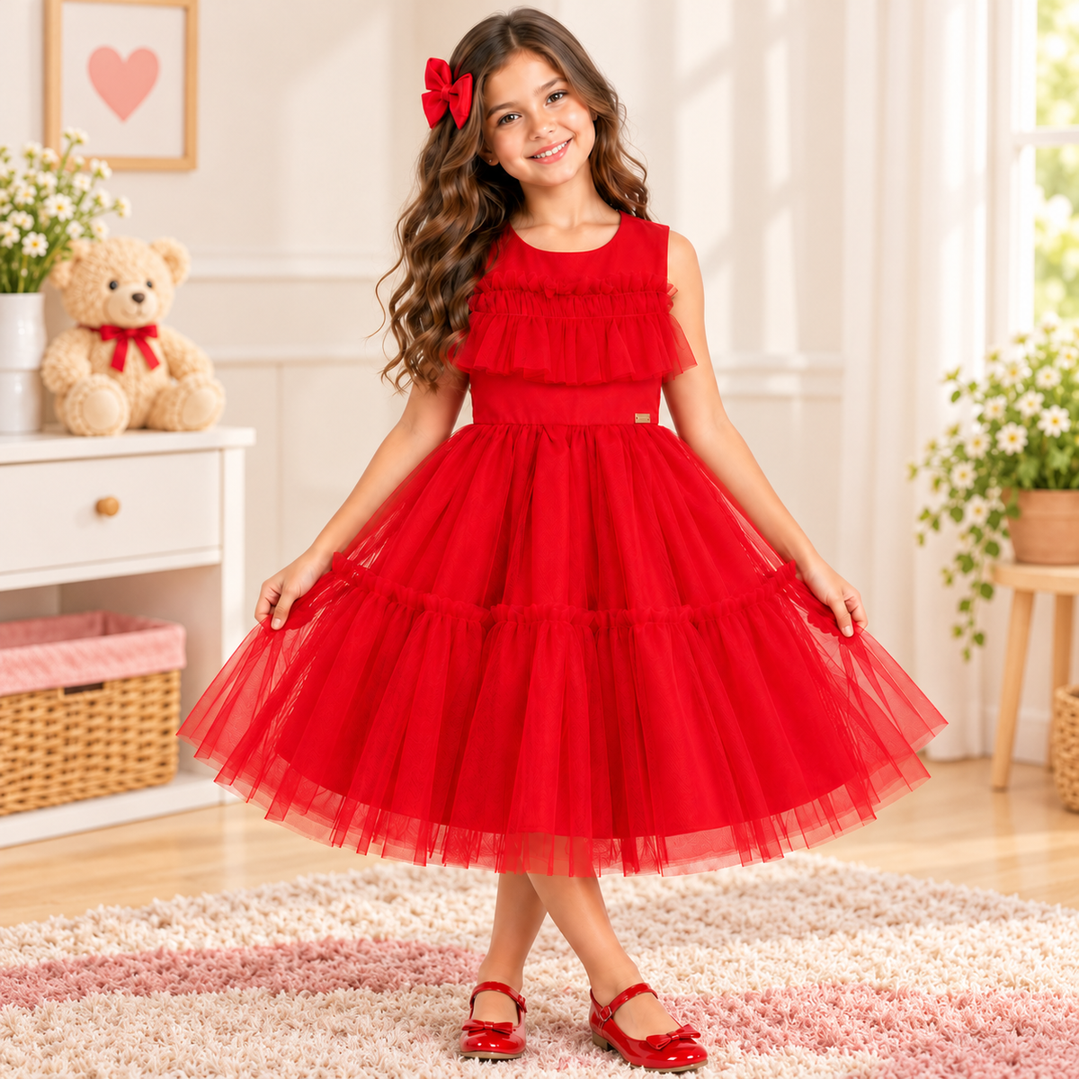 Vestido de Festa Infantil Vermelho com Tule e Babados