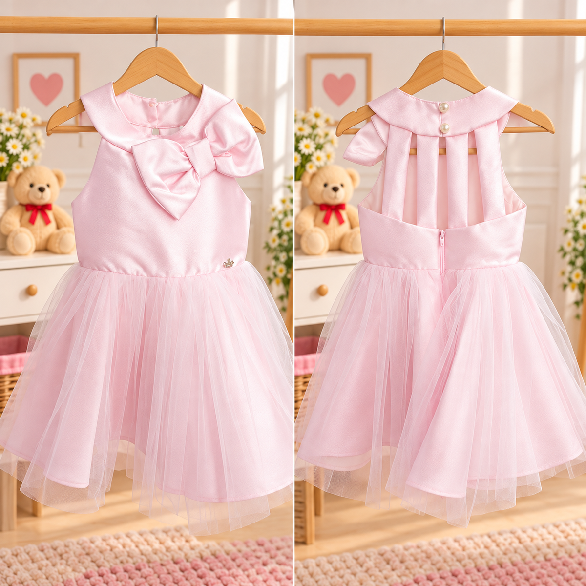 Vestido de Festa Infantil Rosa-Claro com Laço e Saia de Tule