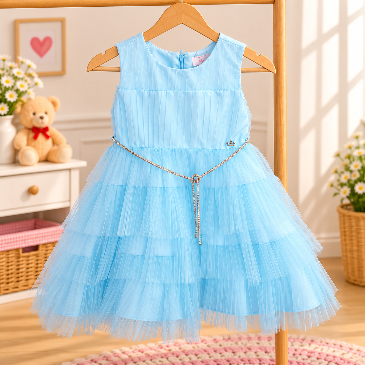 Vestido de Festa Infantil Azul-Claro com Tule e Cordão Brilhante
