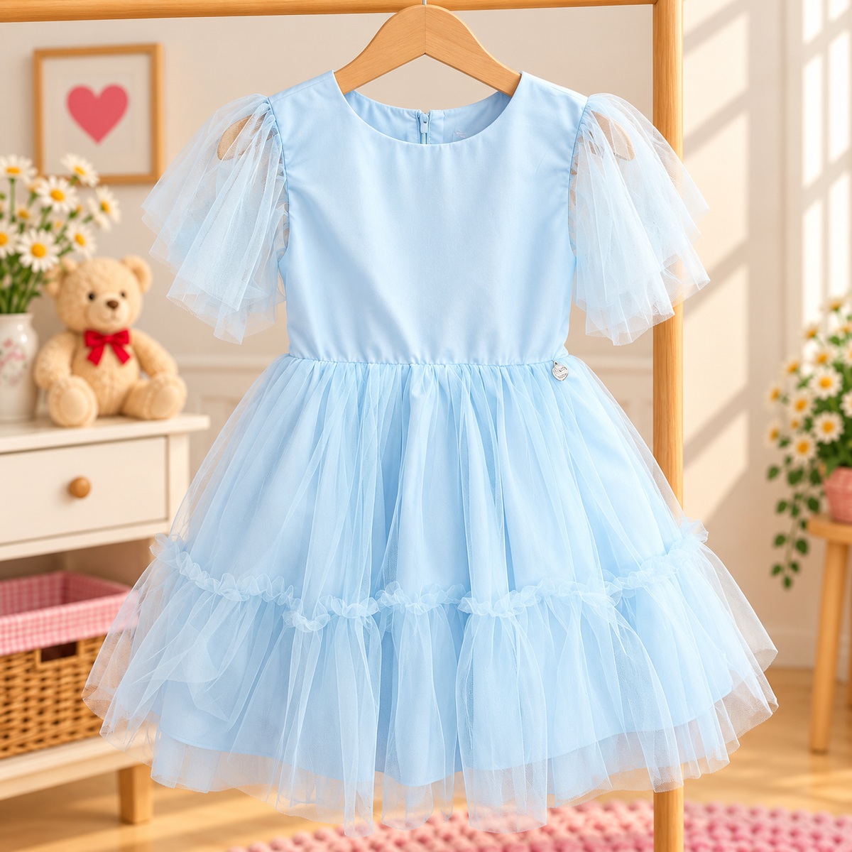 Vestido de Festa Infantil Azul-Claro com Mangas de Tule