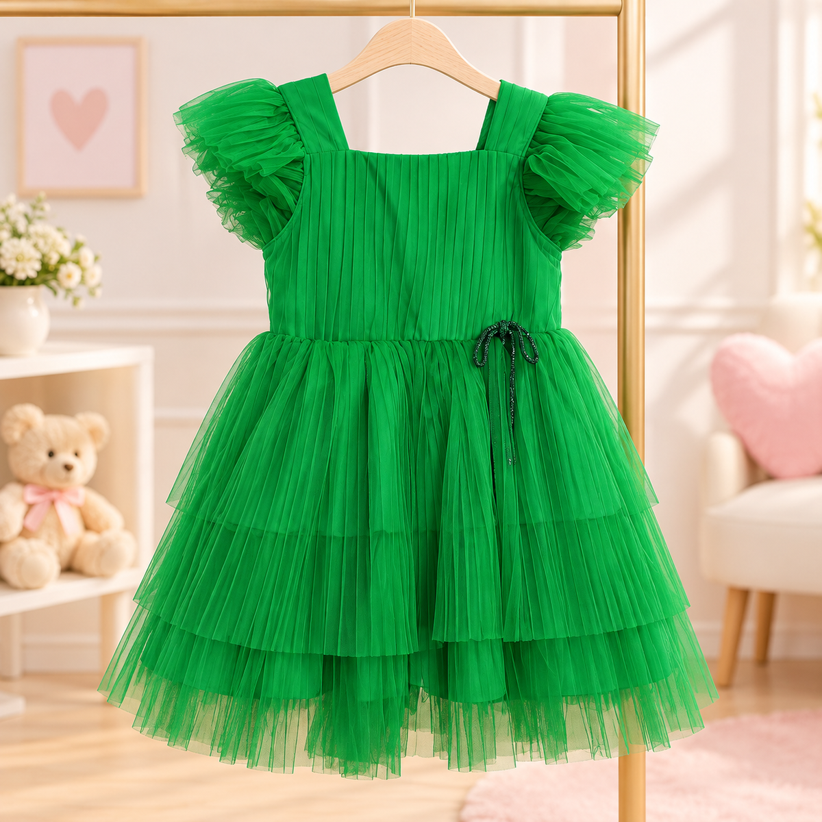 Vestido de Festa Infantil Verde Esmeralda em Tule Plissado