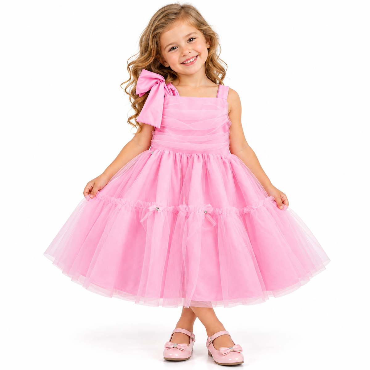 Vestido de Festa Infantil Rosa com Laço e Saia de Tule
