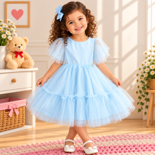 Vestido de Festa Infantil Azul-Claro com Mangas de Tule