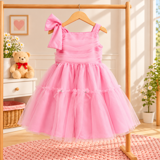 Vestido de Festa Infantil Rosa com Laço e Saia de Tule