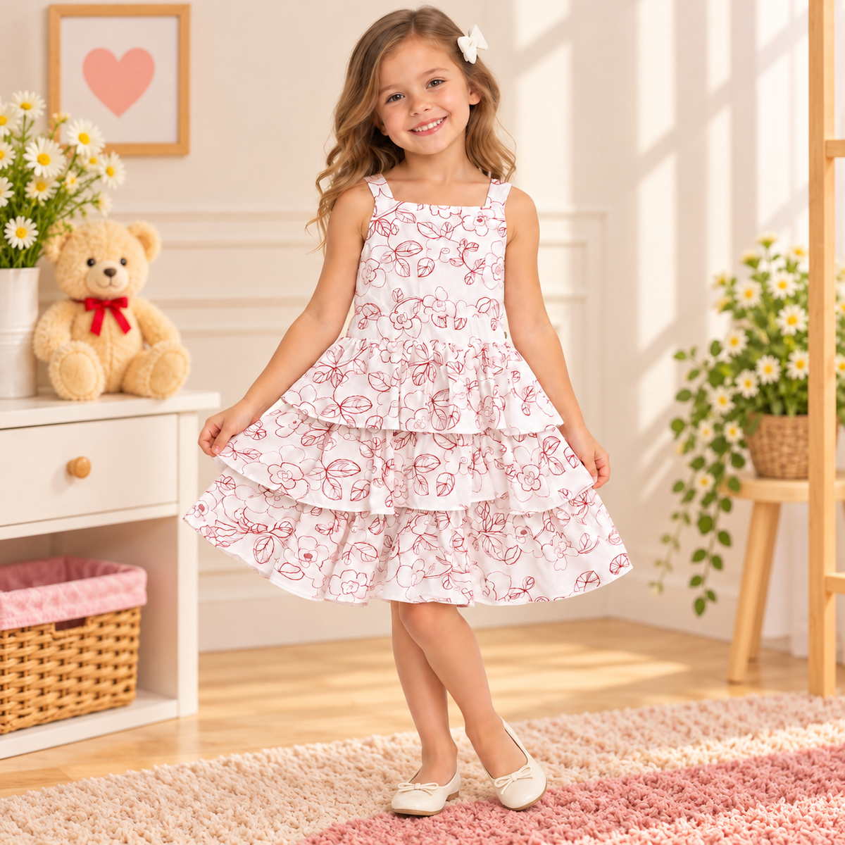 Vestido Infantil Branco com Estampa Floral Vinho e Babados