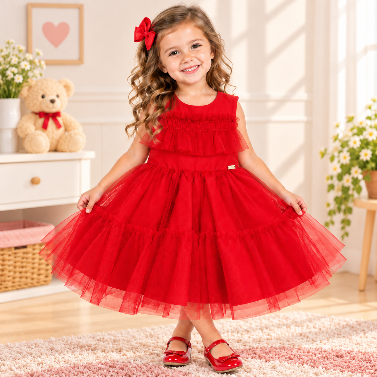 Vestido de Festa Infantil Vermelho com Tule e Babados