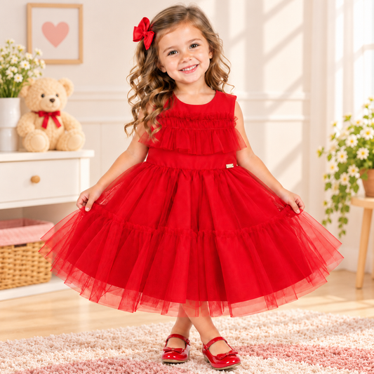 Vestido de Festa Infantil Vermelho com Tule e Babados