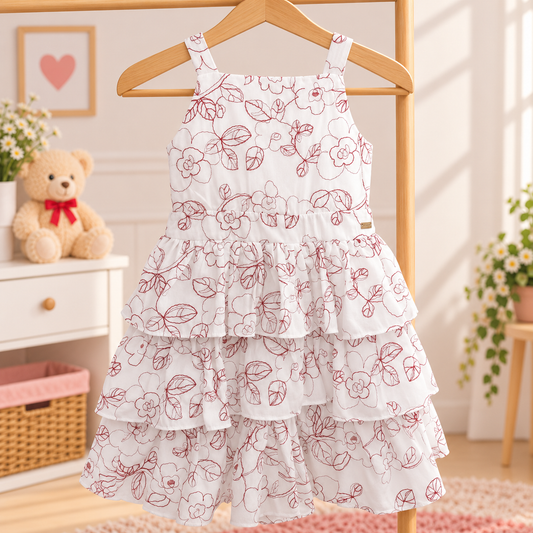 Vestido Infantil Branco com Estampa Floral Vinho e Babados