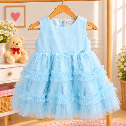 Vestido de Festa Infantil Azul-Claro com Babados em Tule