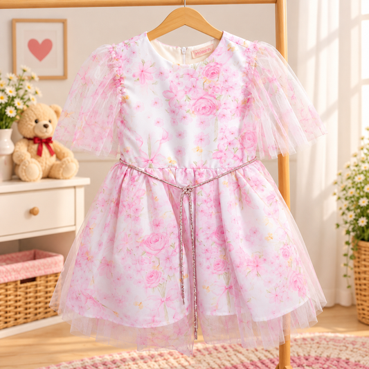 Vestido de Festa Infantil Floral Rosa com Mangas de Tule