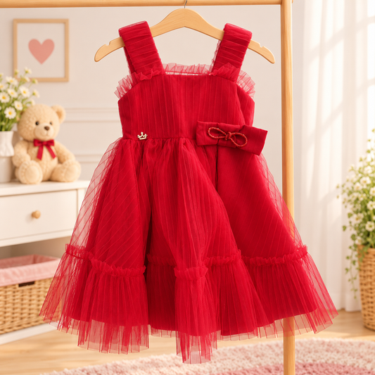Vestido de Festa Infantil Vermelho em Tule Plissado com Laço