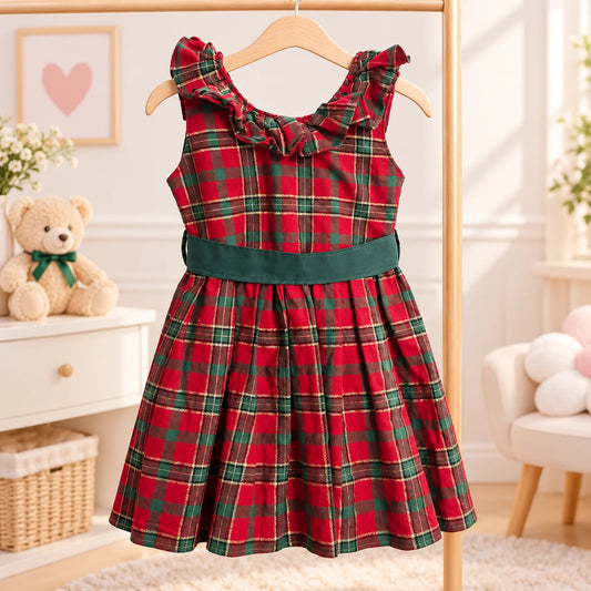 Vestido Infantil de Natal Xadrez Vermelho e Verde com Laço