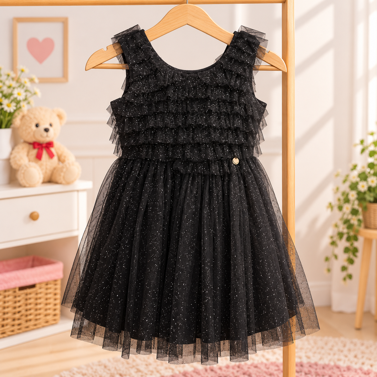 Vestido de Festa Infantil Preto com Tule Brilhante e Babados