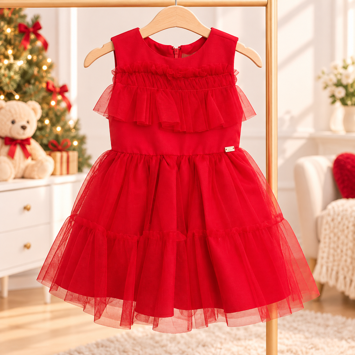 Vestido de Festa Infantil Vermelho com Tule e Babados