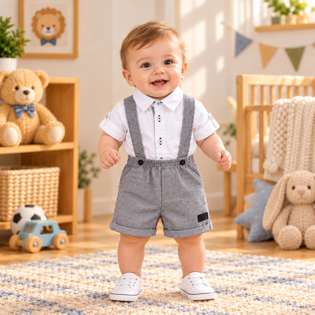 Conjunto Infantil Masculino com Camisa Branca e Bermuda Cinza com Suspensórios