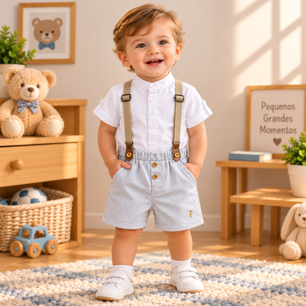 Conjunto Infantil Masculino Camisa Branca e Bermuda Listrada com Suspensórios
