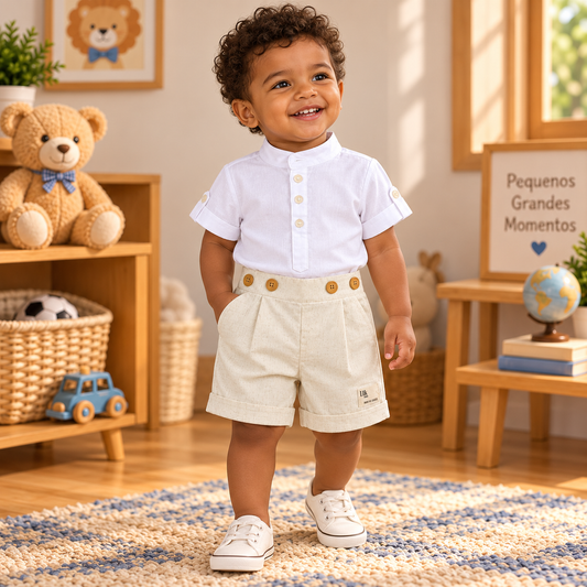 Conjunto Infantil Masculino Camisa Gola Padre e Bermuda Bege com Botões
