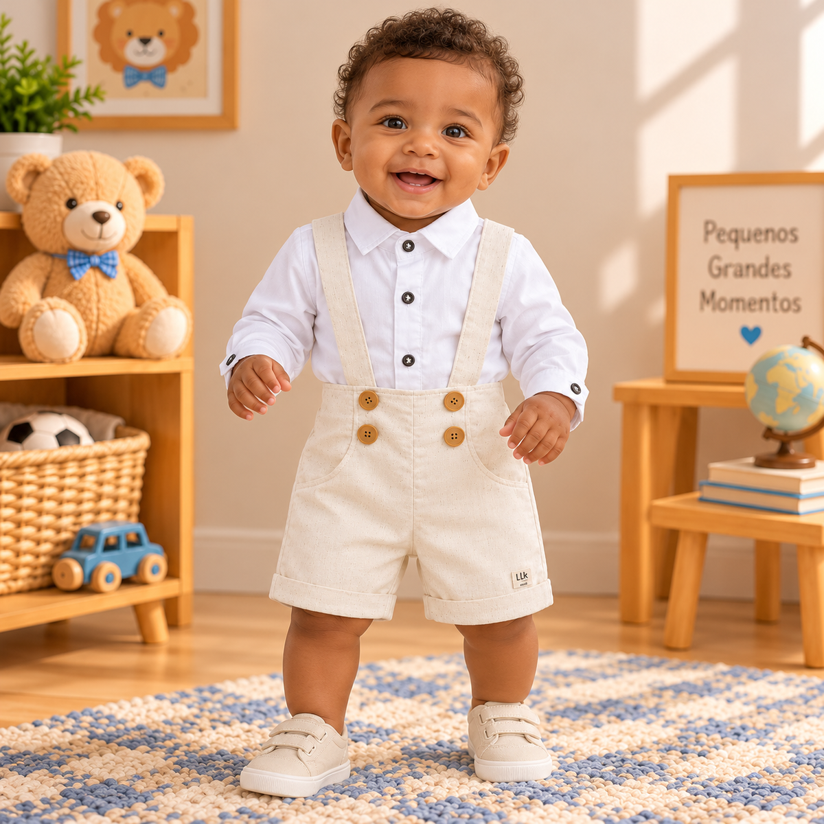 Conjunto Infantil Masculino Camisa Manga Longa e Bermuda Cru com Suspensório