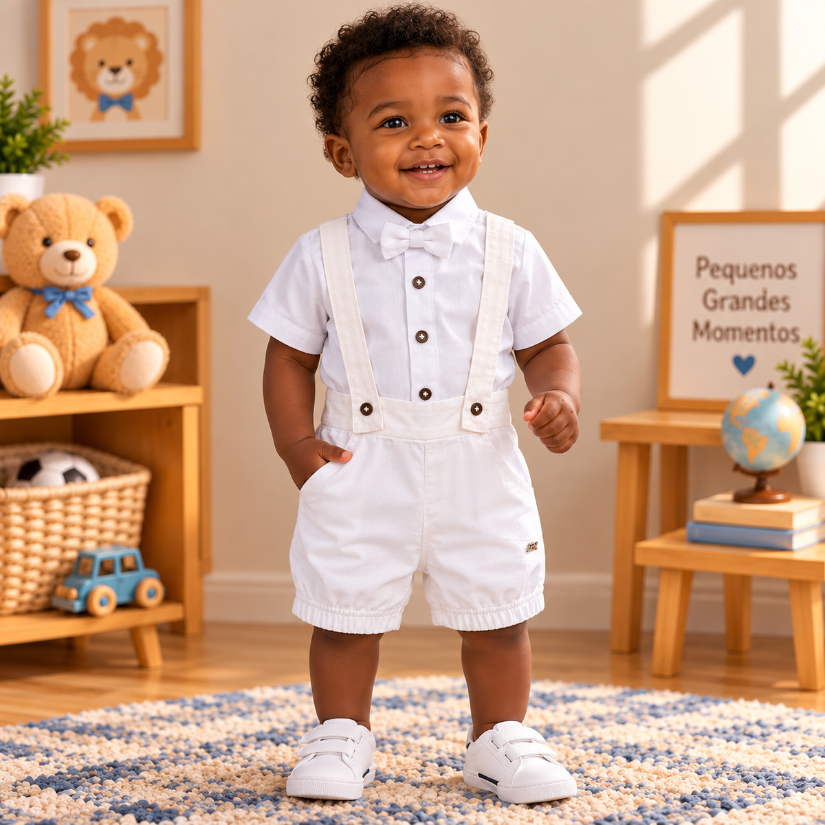 Conjunto Bebê Menino Branco com Suspensório e Gravata Borboleta