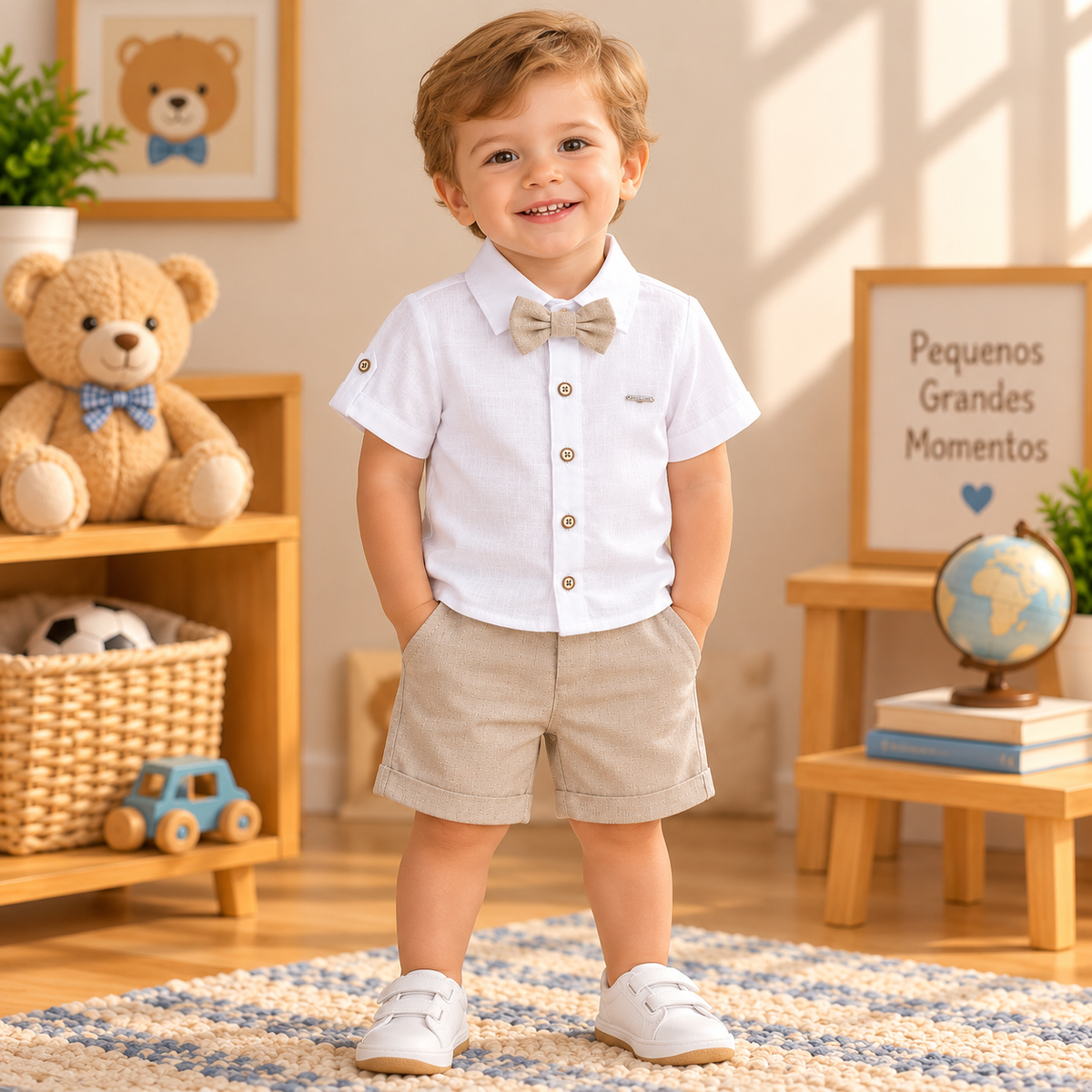 Conjunto Infantil Masculino Social com Gravata Borboleta – Branco e Bege