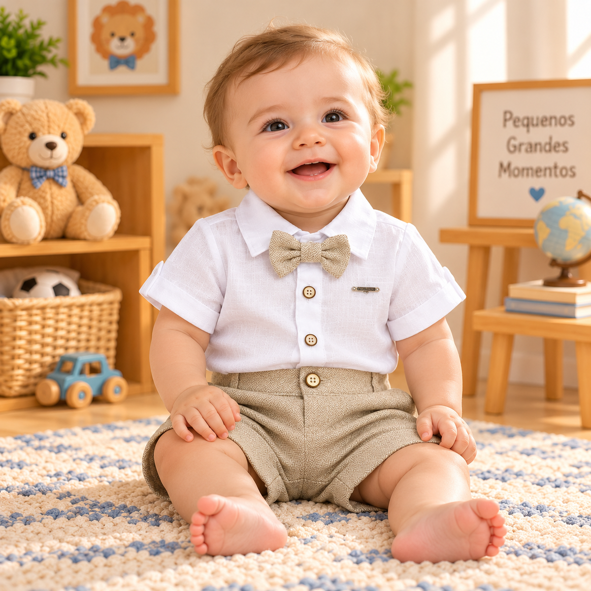 Conjunto Infantil Masculino Social com Gravata Borboleta – Branco e Bege Texturizado
