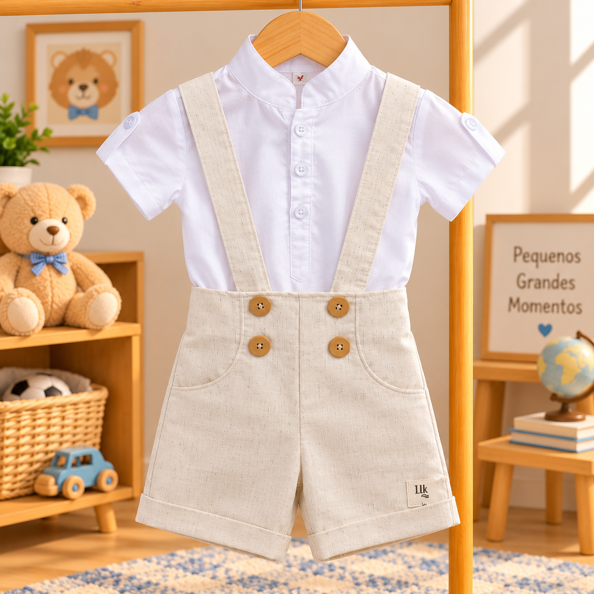 Conjunto Infantil Masculino Camisa Gola Padre e Bermuda Cru com Suspensório