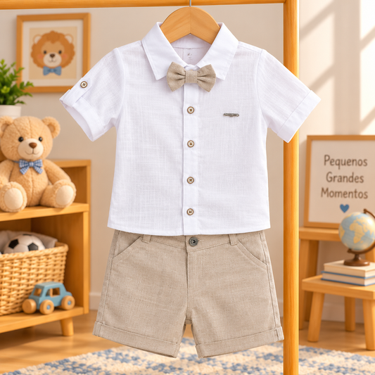 Conjunto Infantil Masculino Social com Gravata Borboleta – Branco e Bege