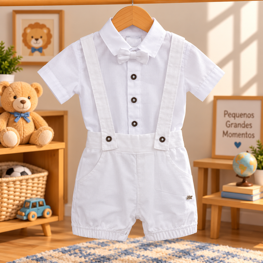Conjunto Bebê Menino Branco com Suspensório e Gravata Borboleta