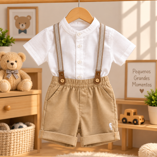Conjunto Infantil Masculino com Camisa Branca e Bermuda Bege com Suspensórios