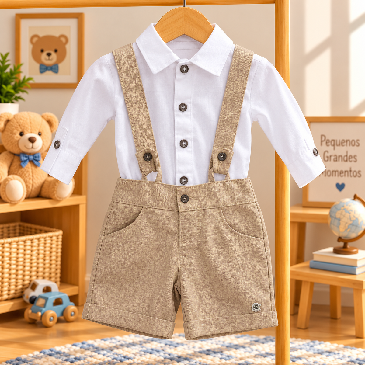 Conjunto Infantil Masculino Camisa Branca Manga Longa e Bermuda Bege com Suspensório