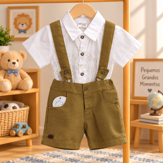 Conjunto Infantil Masculino Camisa Estampada e Bermuda Verde Oliva com Suspensórios