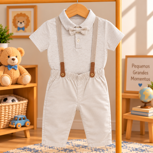 Conjunto Bebê Menino Polo com Calça e Suspensório Bege