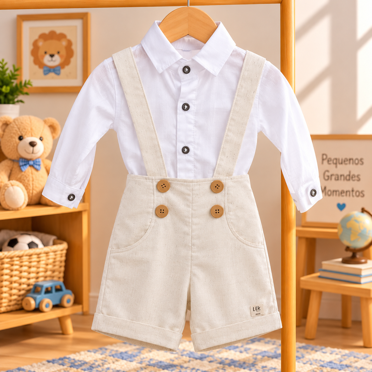 Conjunto Infantil Masculino Camisa Manga Longa e Bermuda Cru com Suspensório
